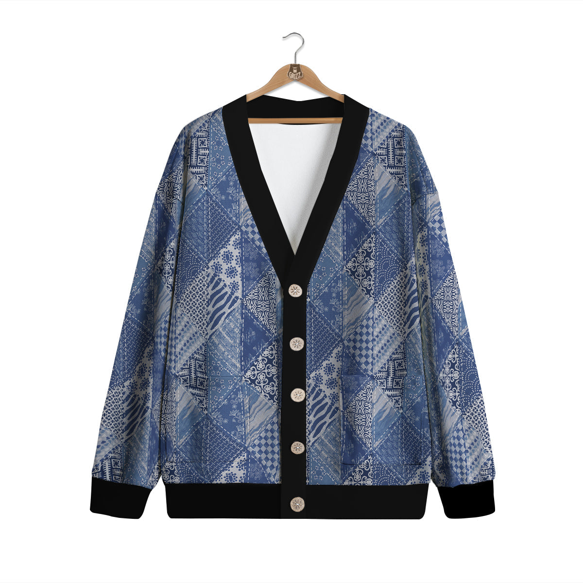 Patchwork Blue Denim Print Pattern Cardigan-grizzshop