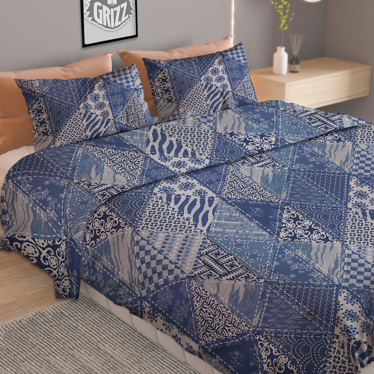 Patchwork Blue Denim Print Pattern Duvet Cover Bedding Set