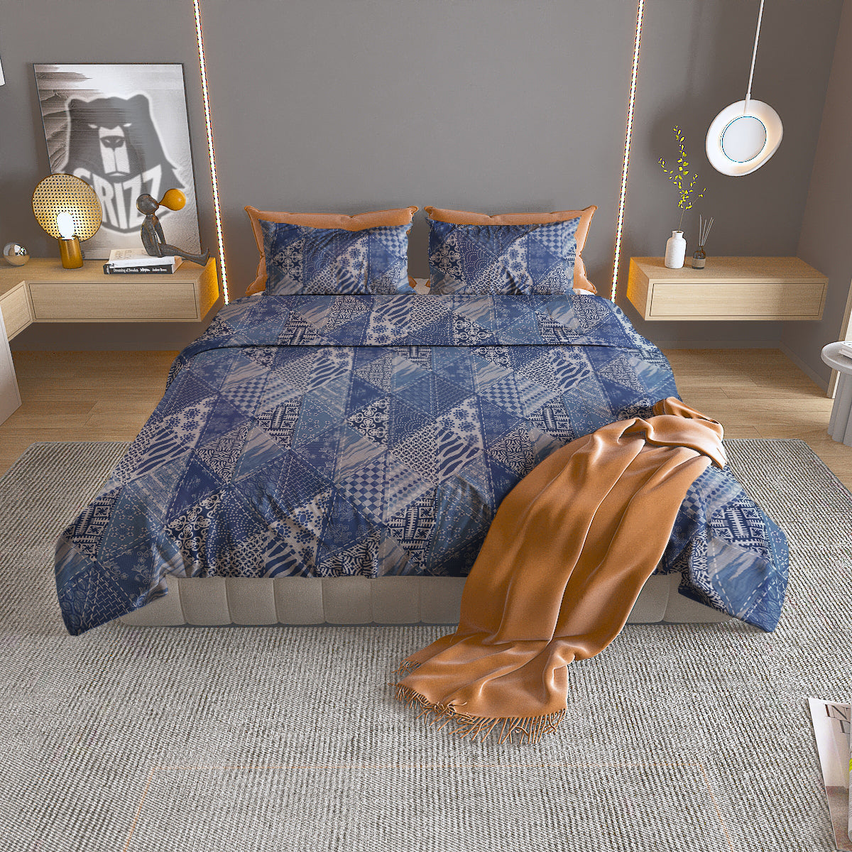 Patchwork Blue Denim Print Pattern Duvet Cover Bedding Set