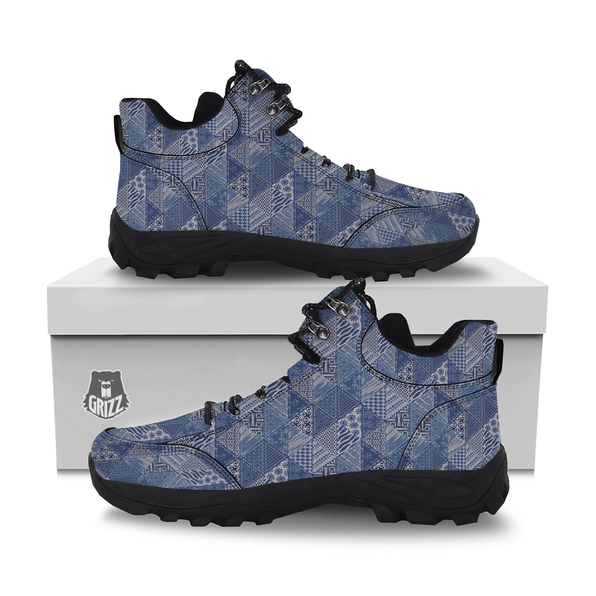 Patchwork Blue Denim Print Pattern Hiking Shoes-grizzshop