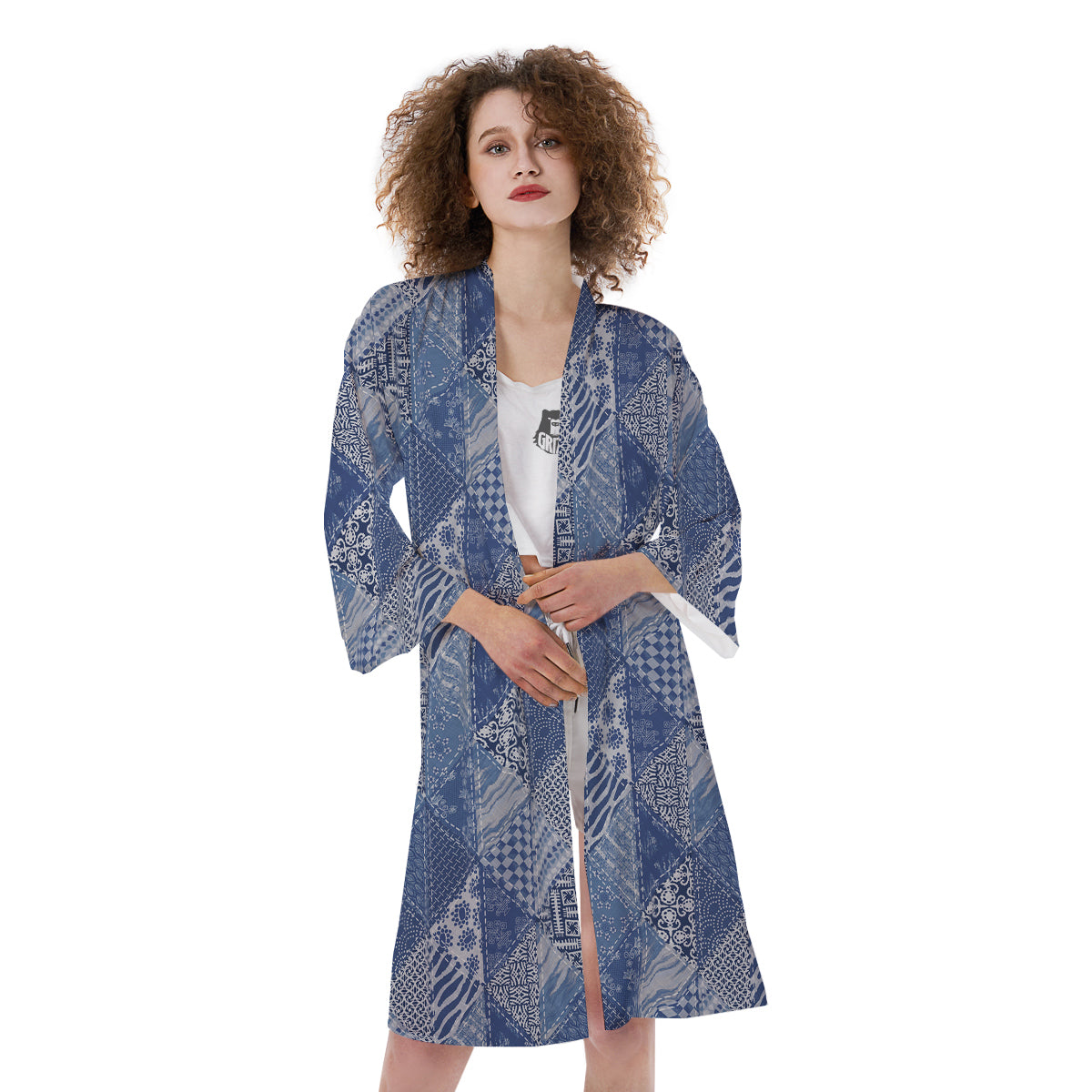 Patchwork Blue Denim Print Pattern Kimono-grizzshop