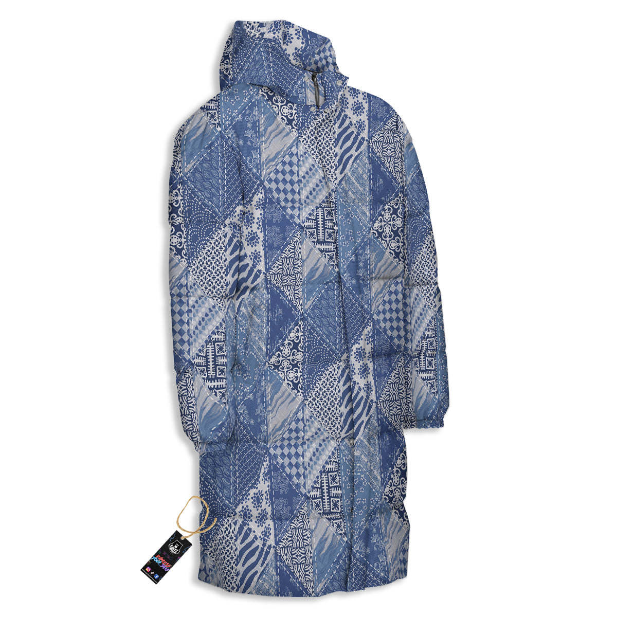 Patchwork Blue Denim Print Pattern Long Down Jacket-grizzshop