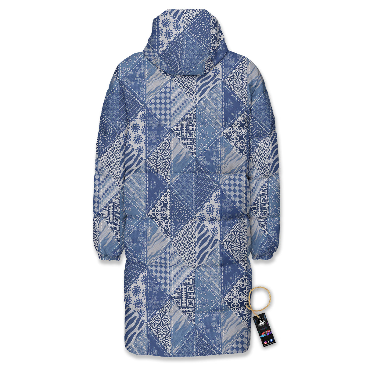 Patchwork Blue Denim Print Pattern Long Down Jacket-grizzshop