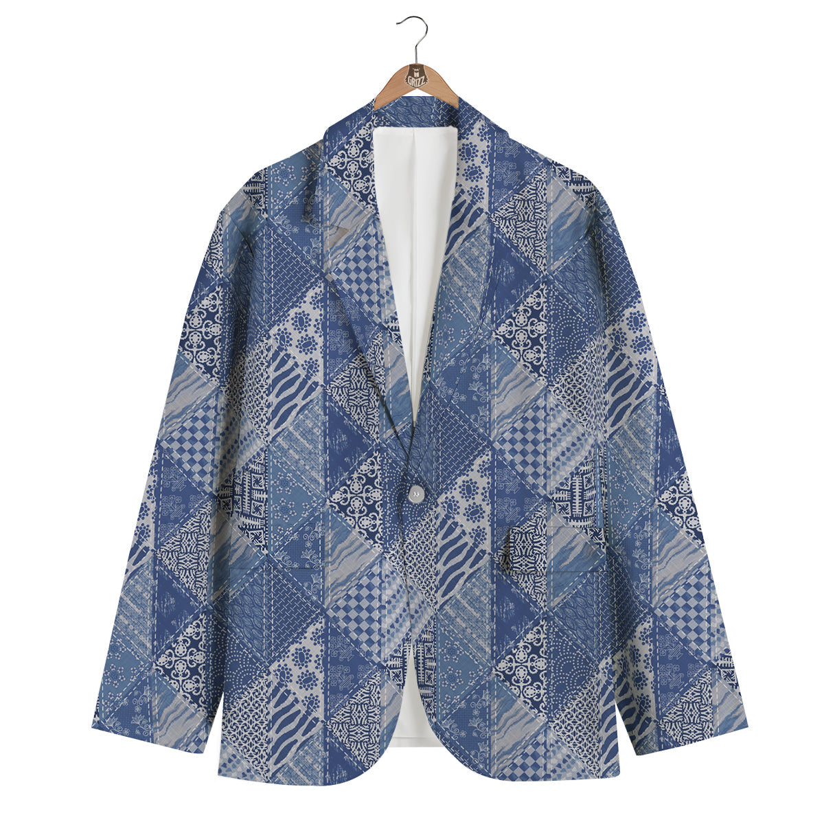 Patchwork Blue Denim Print Pattern Men's Blazer-grizzshop