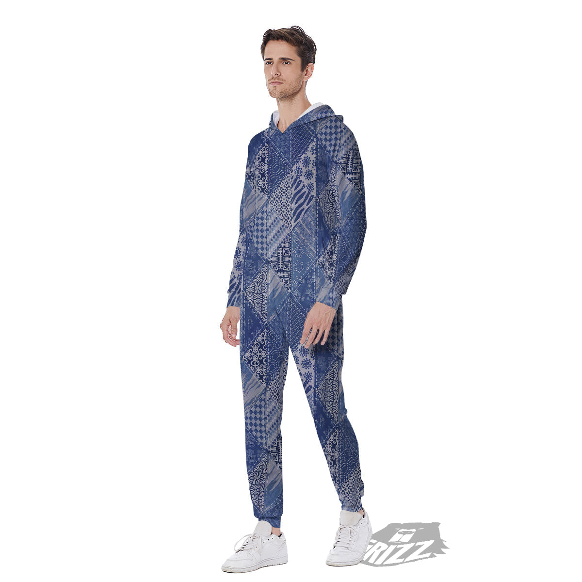 Patchwork Blue Denim Print Pattern Men's Jumpsuit-grizzshop