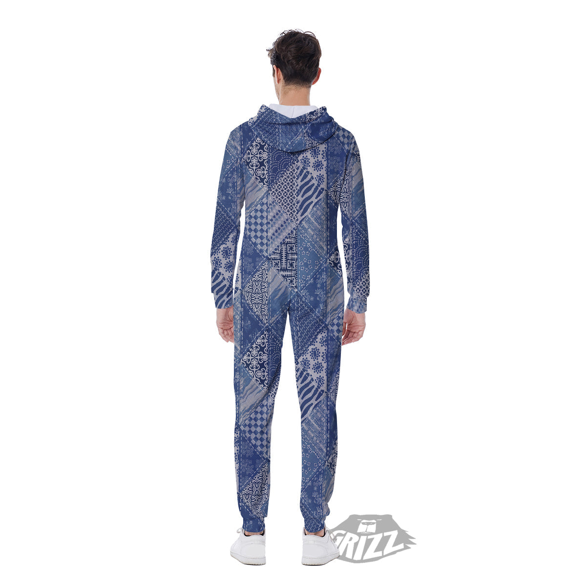 Patchwork Blue Denim Print Pattern Men's Jumpsuit-grizzshop