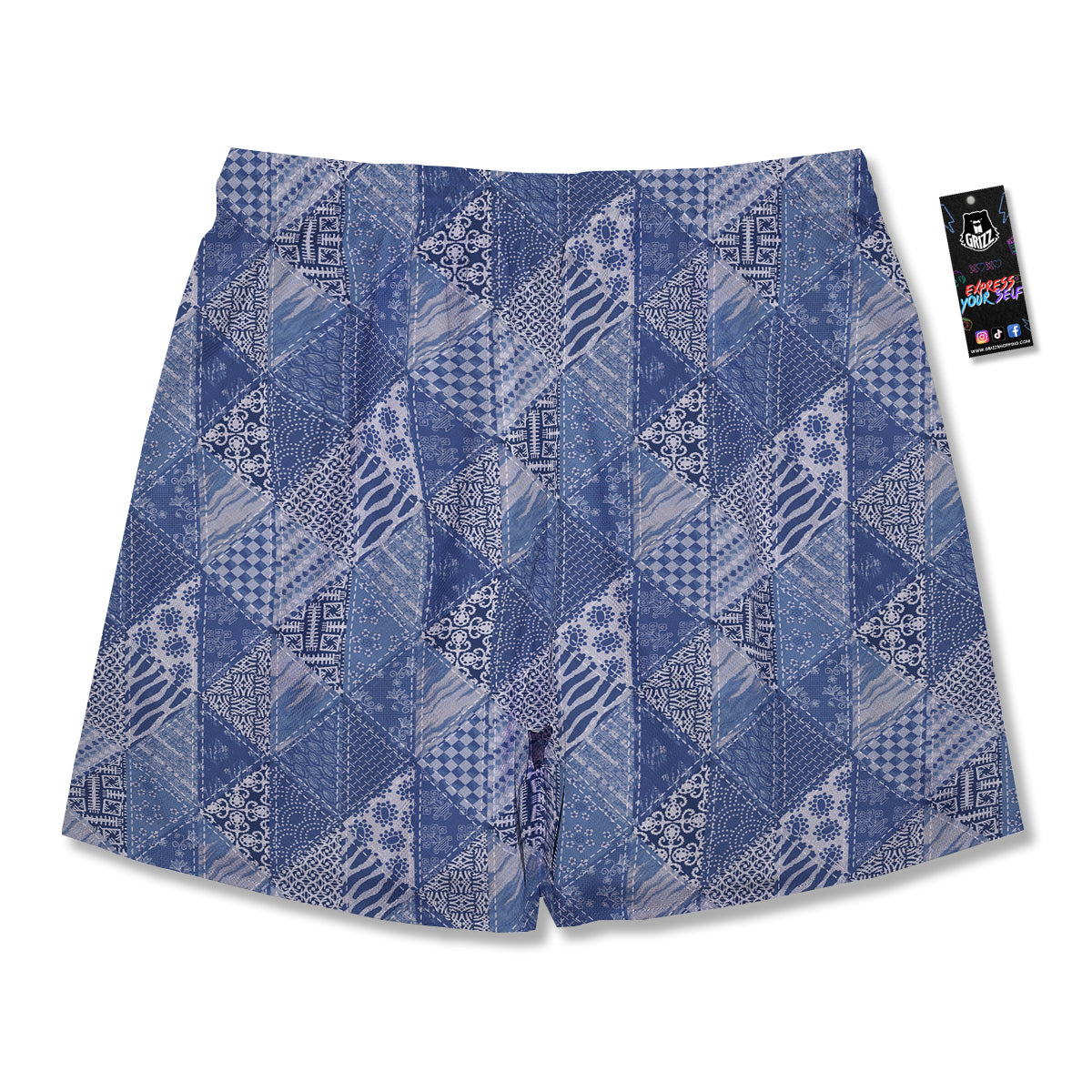 Patchwork Blue Denim Print Pattern Men's Running Shorts-grizzshop