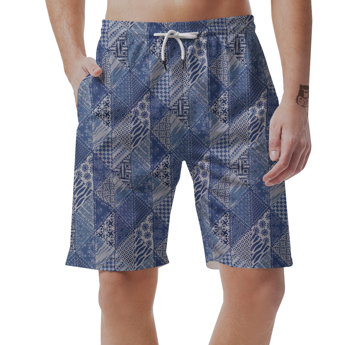 Patchwork Blue Denim Print Pattern Men's Shorts-grizzshop