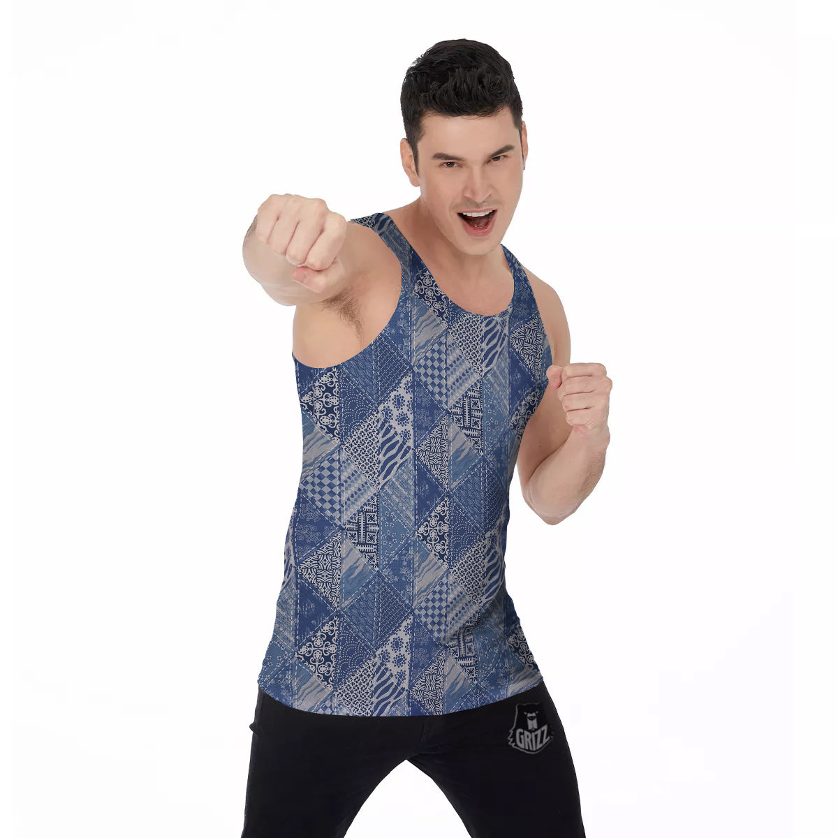 Patchwork Blue Denim Print Pattern Men's Tank Top-grizzshop