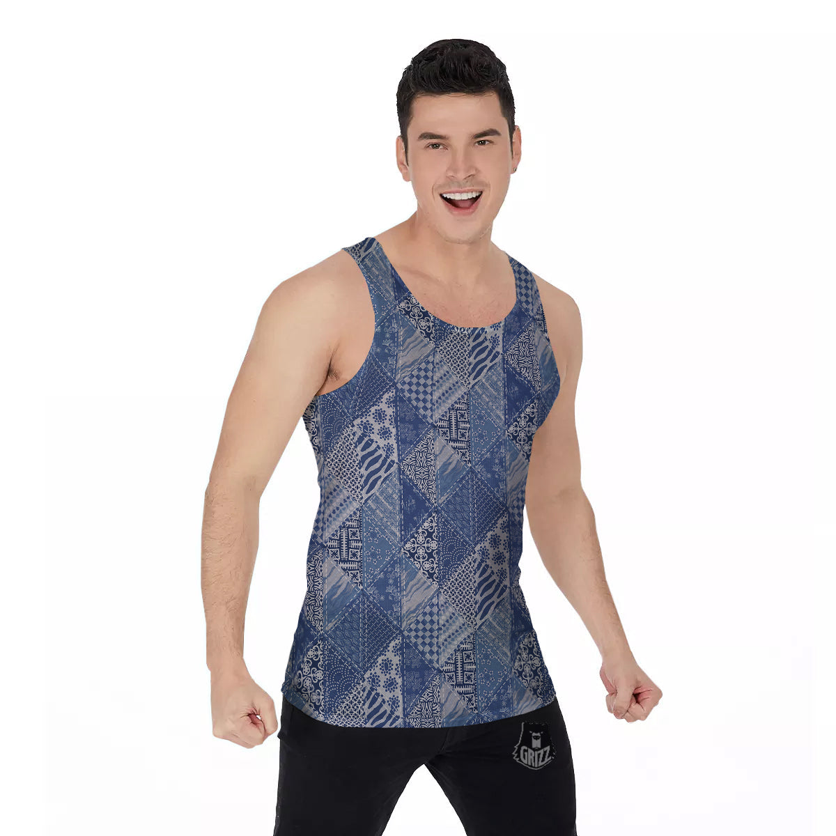 Patchwork Blue Denim Print Pattern Men's Tank Top-grizzshop