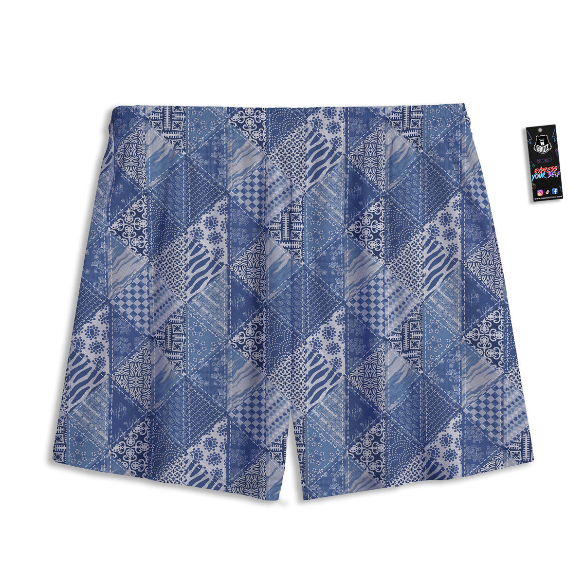 Patchwork Blue Denim Print Pattern Mesh Shorts-grizzshop
