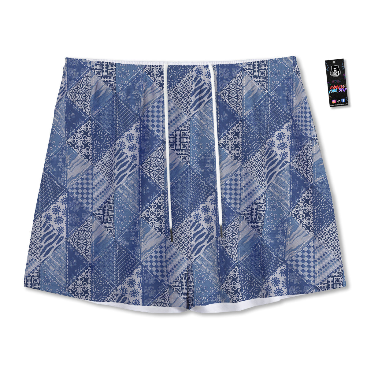Patchwork Blue Denim Print Pattern Mesh Shorts-grizzshop