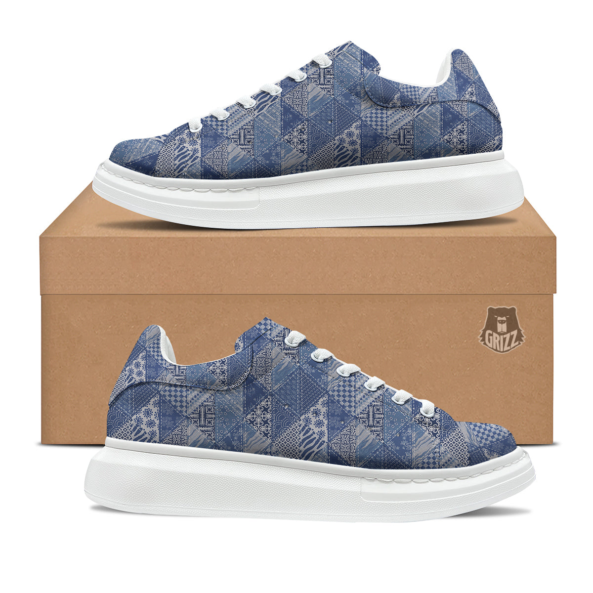 Patchwork Blue Denim Print Pattern Platform Shoes-grizzshop