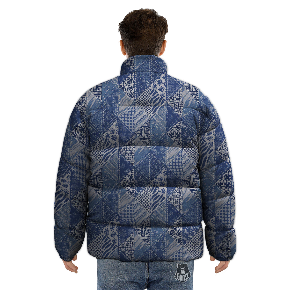 Patchwork Blue Denim Print Pattern Puffer Jacket-grizzshop