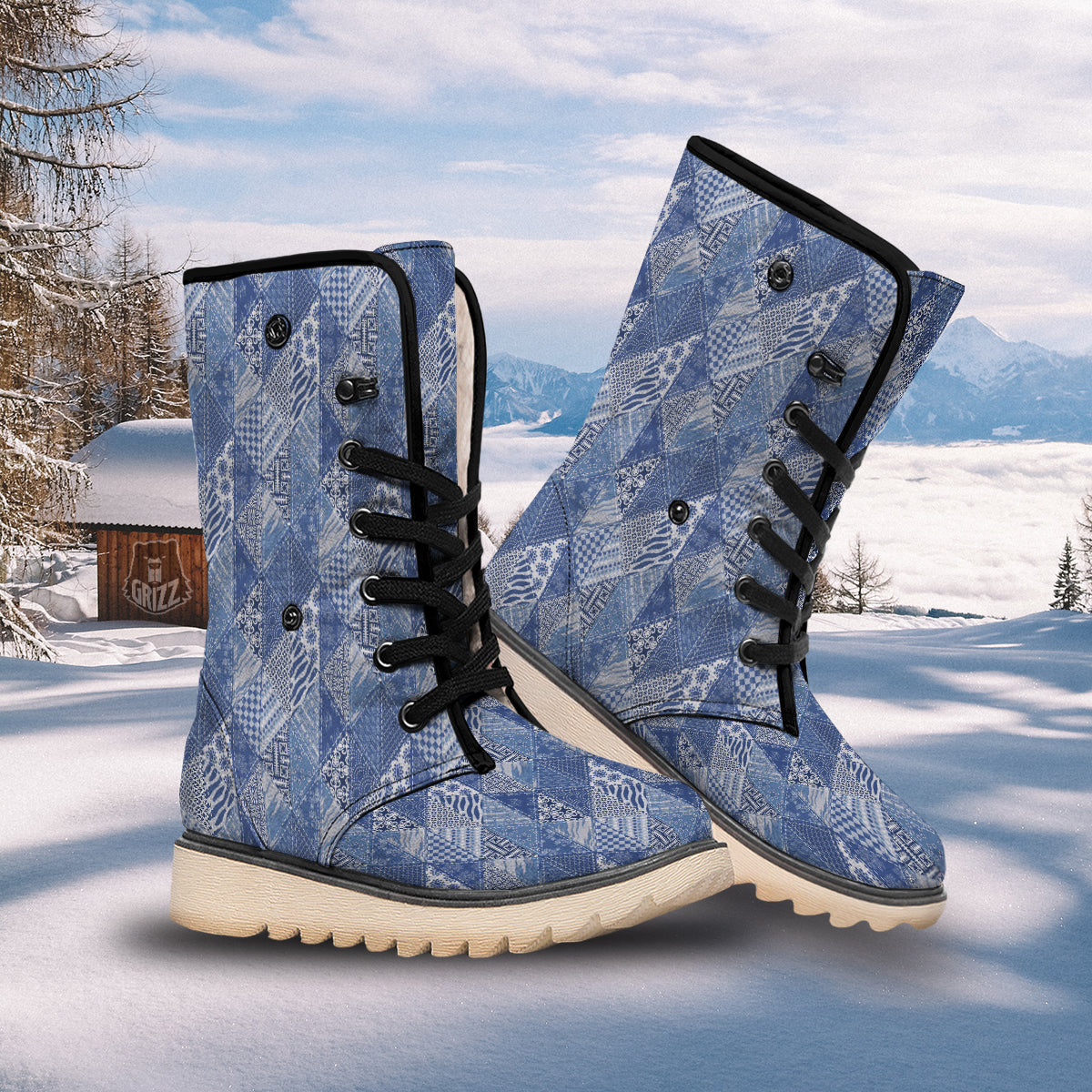 Patchwork Blue Denim Print Pattern Snow Boots-grizzshop