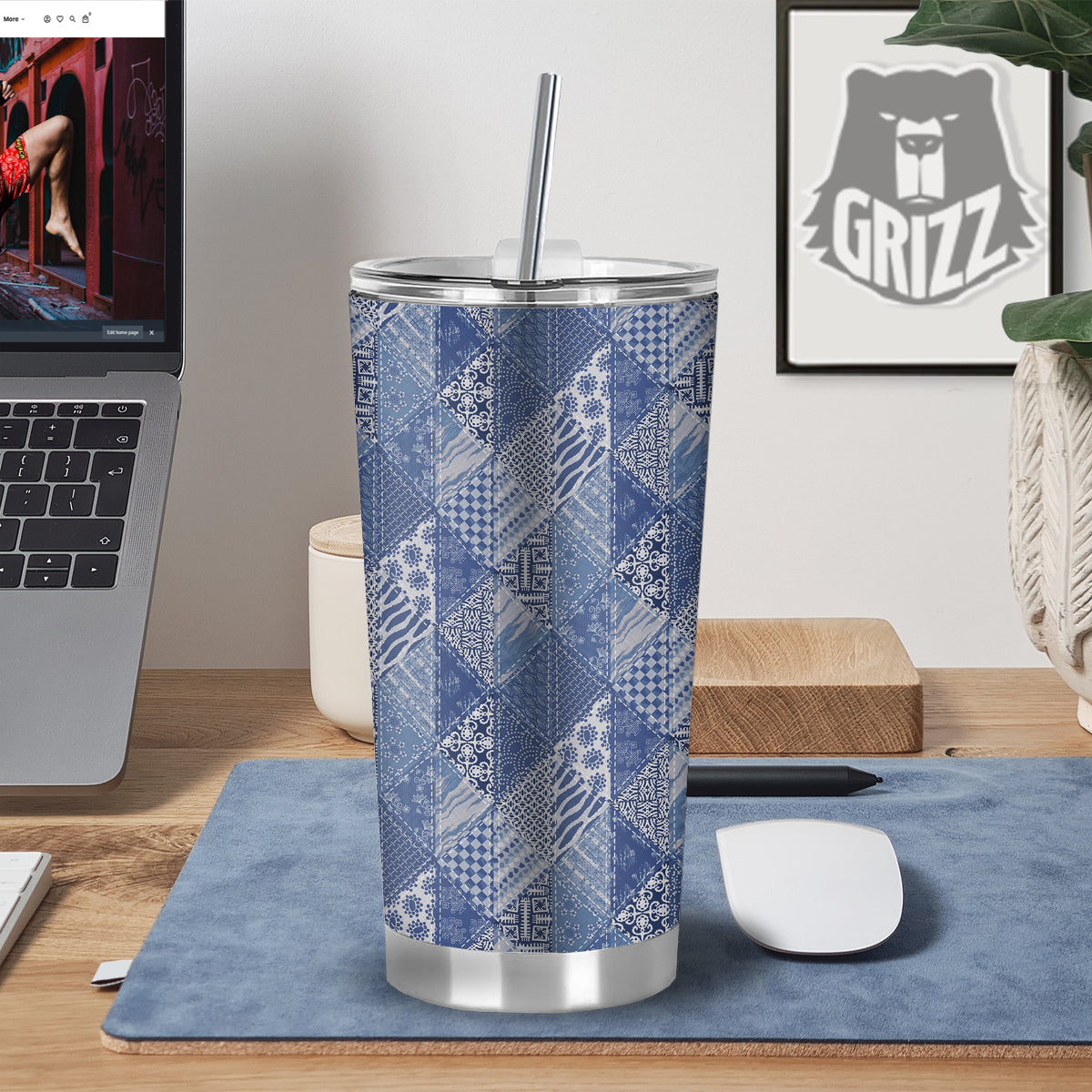 Patchwork Blue Denim Print Pattern Tumbler-grizzshop