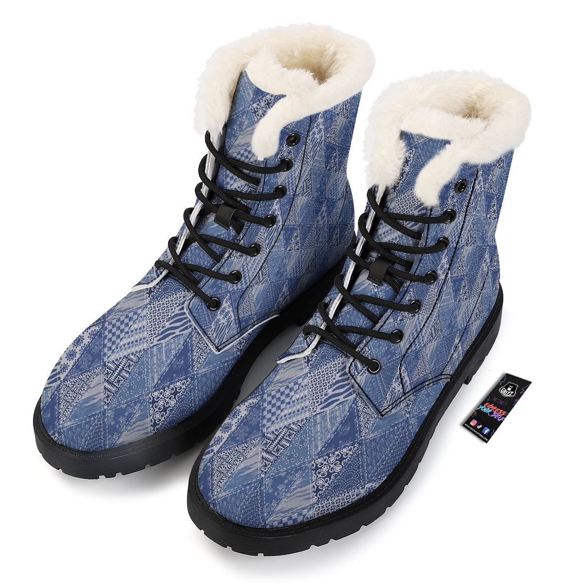 Patchwork Blue Denim Print Pattern Winter Boots-grizzshop