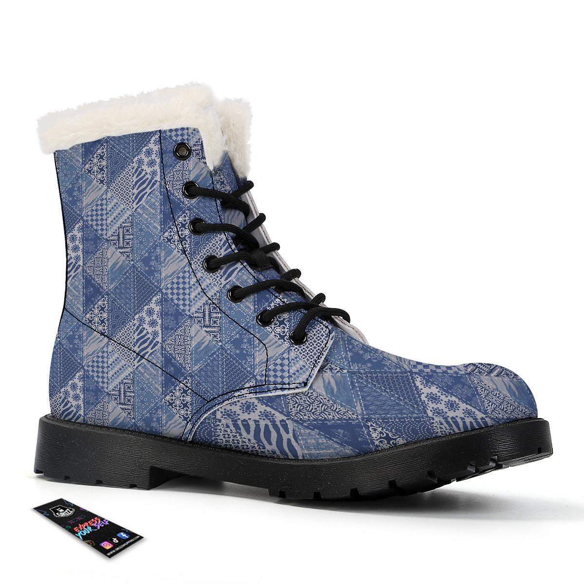 Patchwork Blue Denim Print Pattern Winter Boots-grizzshop