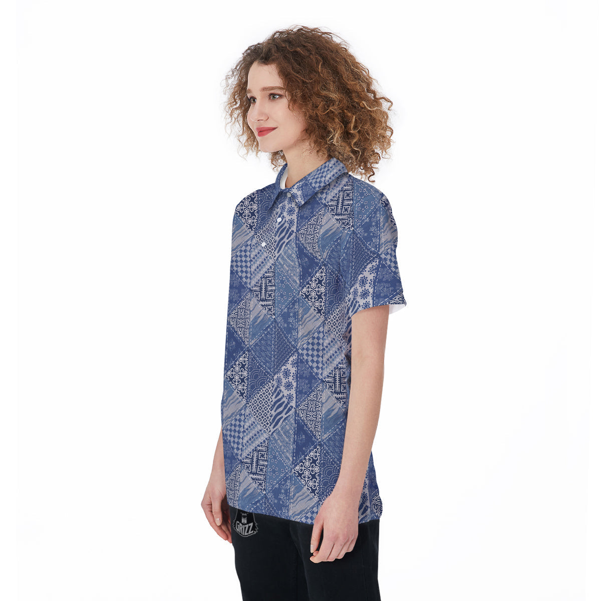 Patchwork Blue Denim Print Pattern Women's Golf Shirts-grizzshop