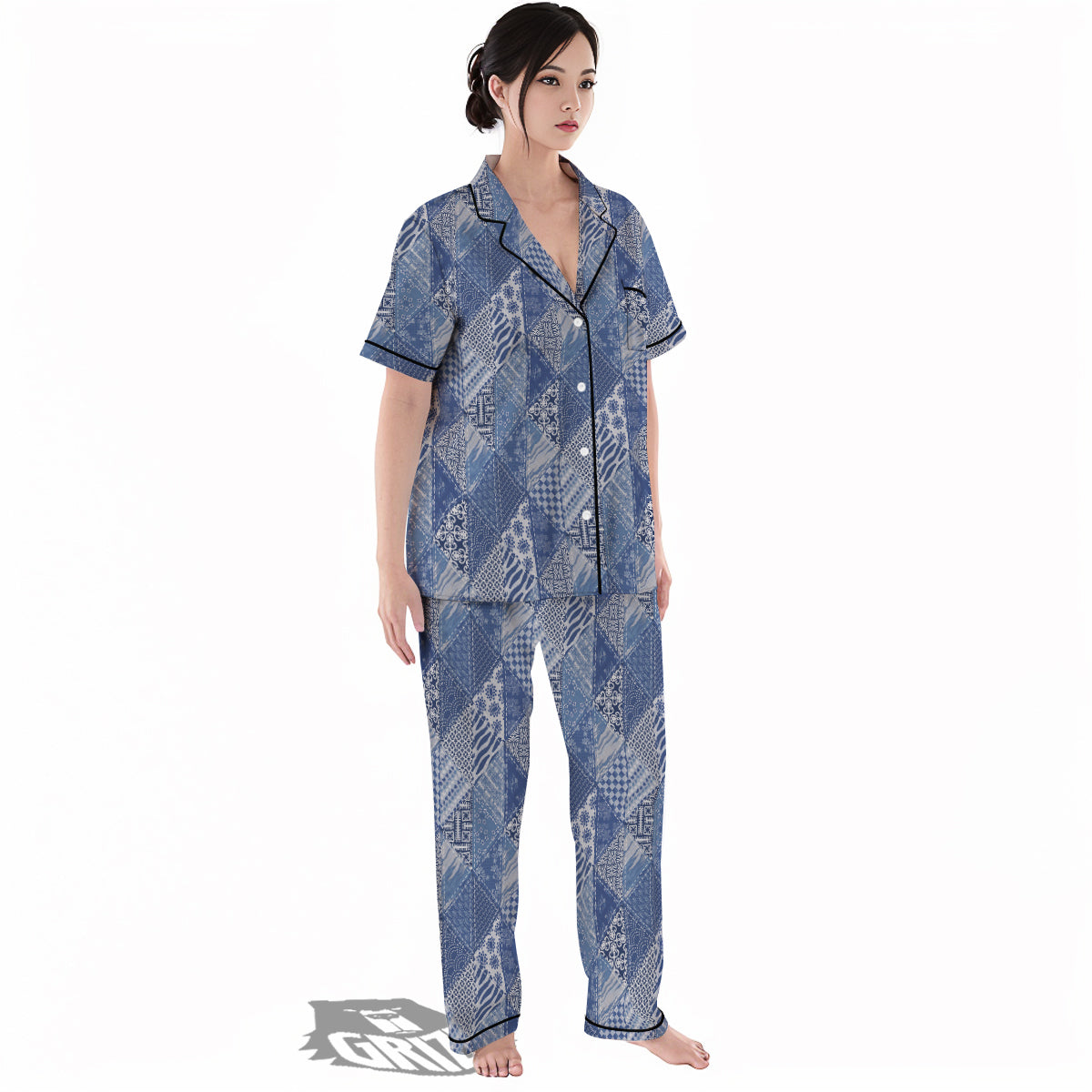 Patchwork Blue Denim Print Pattern Women's Pajamas Set-grizzshop