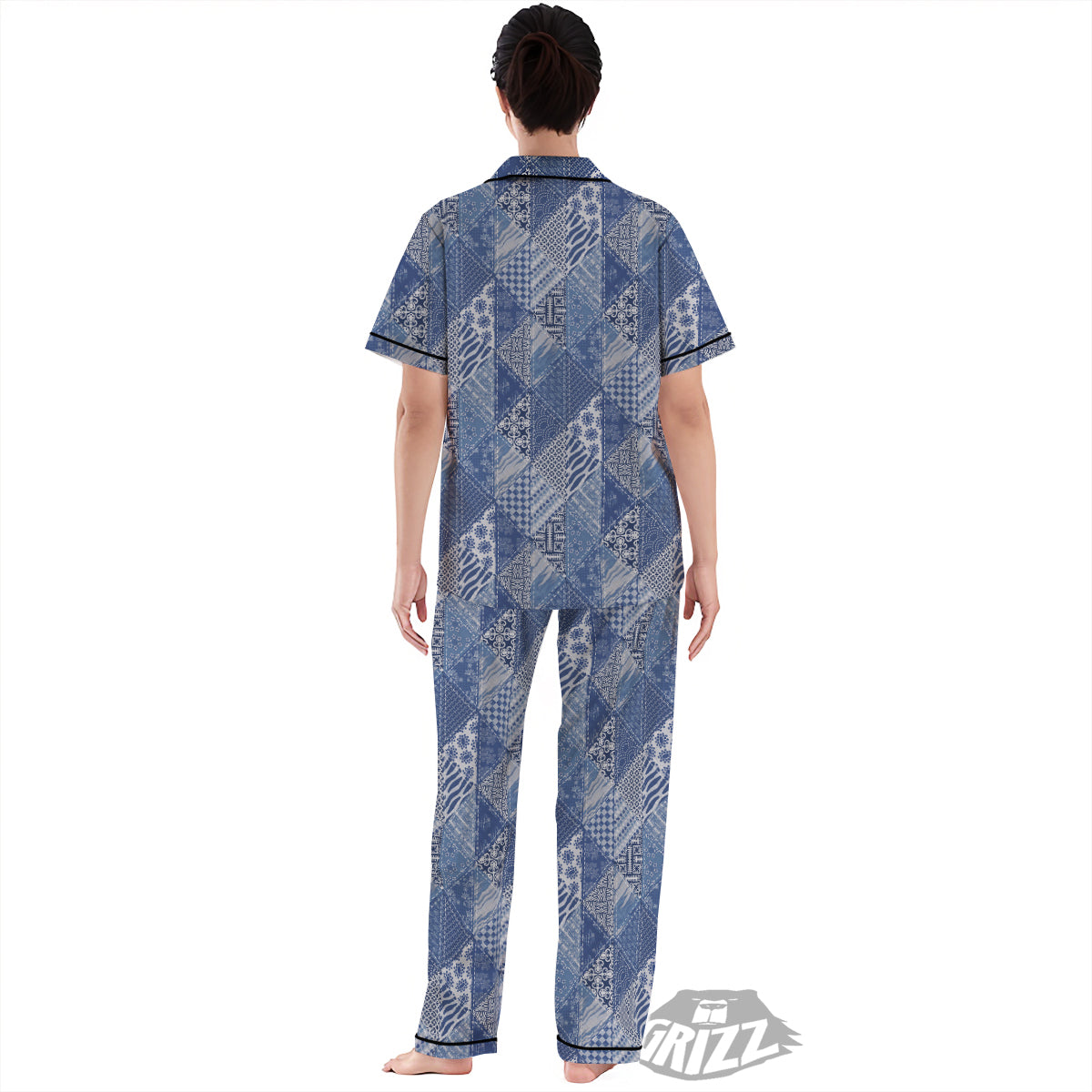 Patchwork Blue Denim Print Pattern Women's Pajamas Set-grizzshop