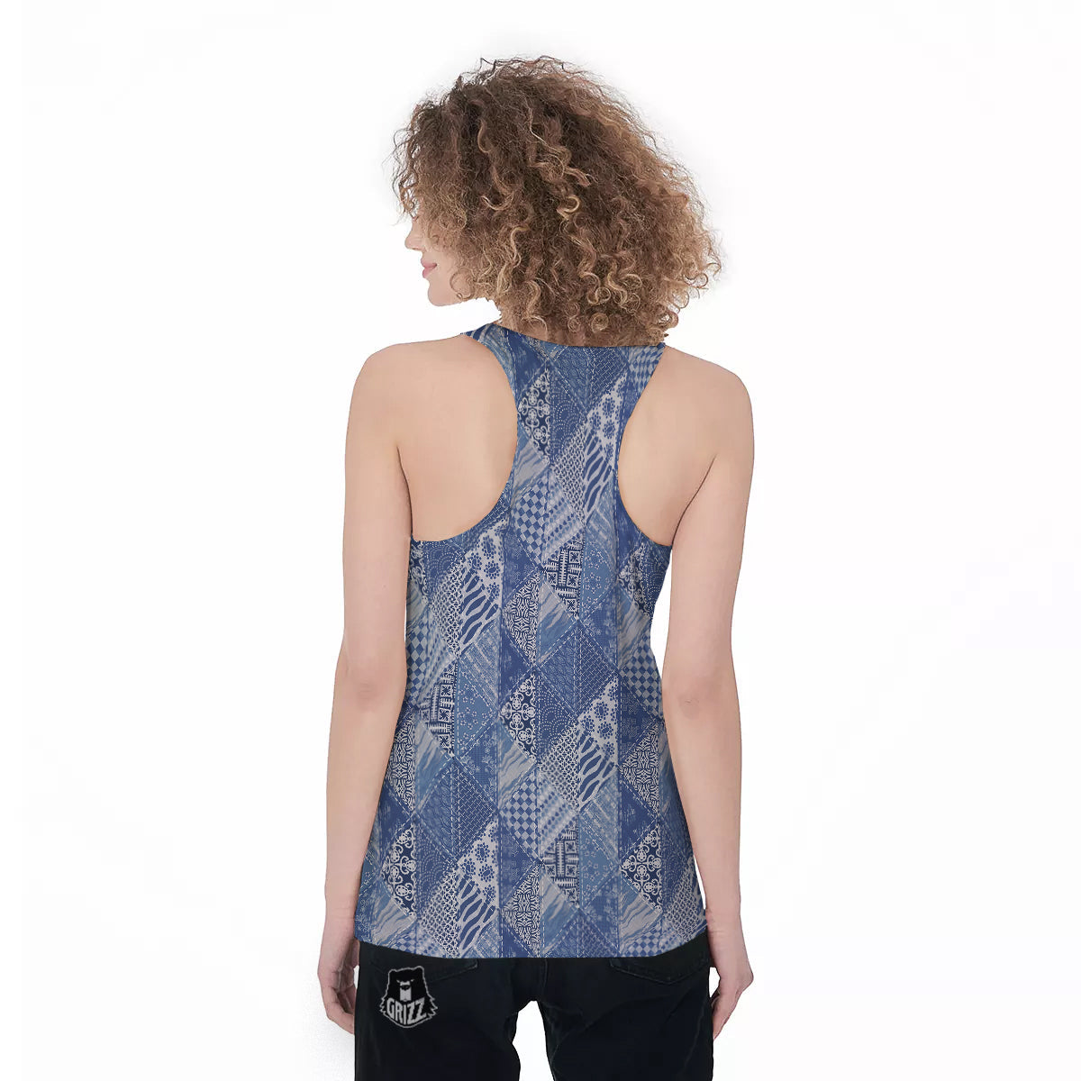 Patchwork Blue Denim Print Pattern Women's Racerback Tank Top-grizzshop