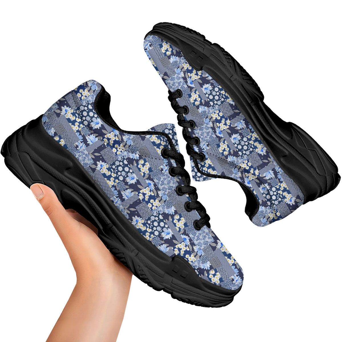 Patchwork Blue Floral Print Pattern Black Chunky Shoes-grizzshop