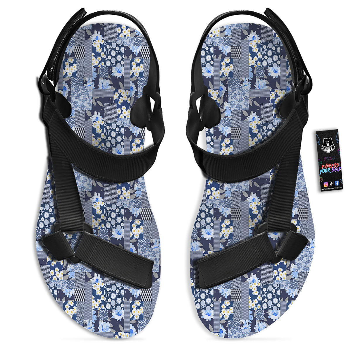 Patchwork Blue Floral Print Pattern Black Open Toe Sandals-grizzshop