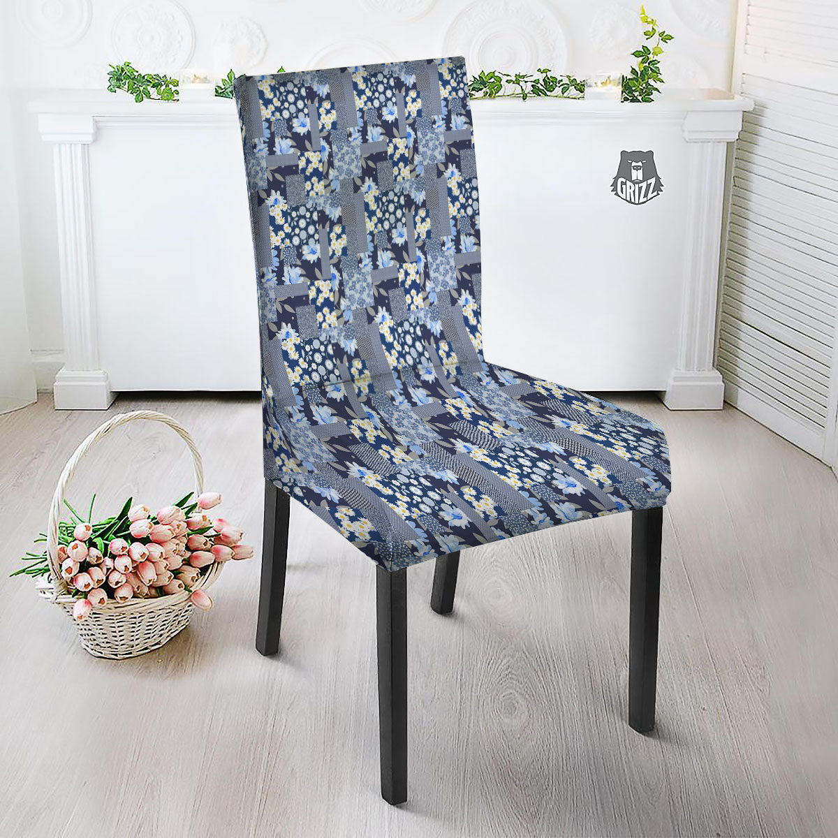 Patchwork Blue Floral Print Pattern Dining Chair Slipcover-grizzshop
