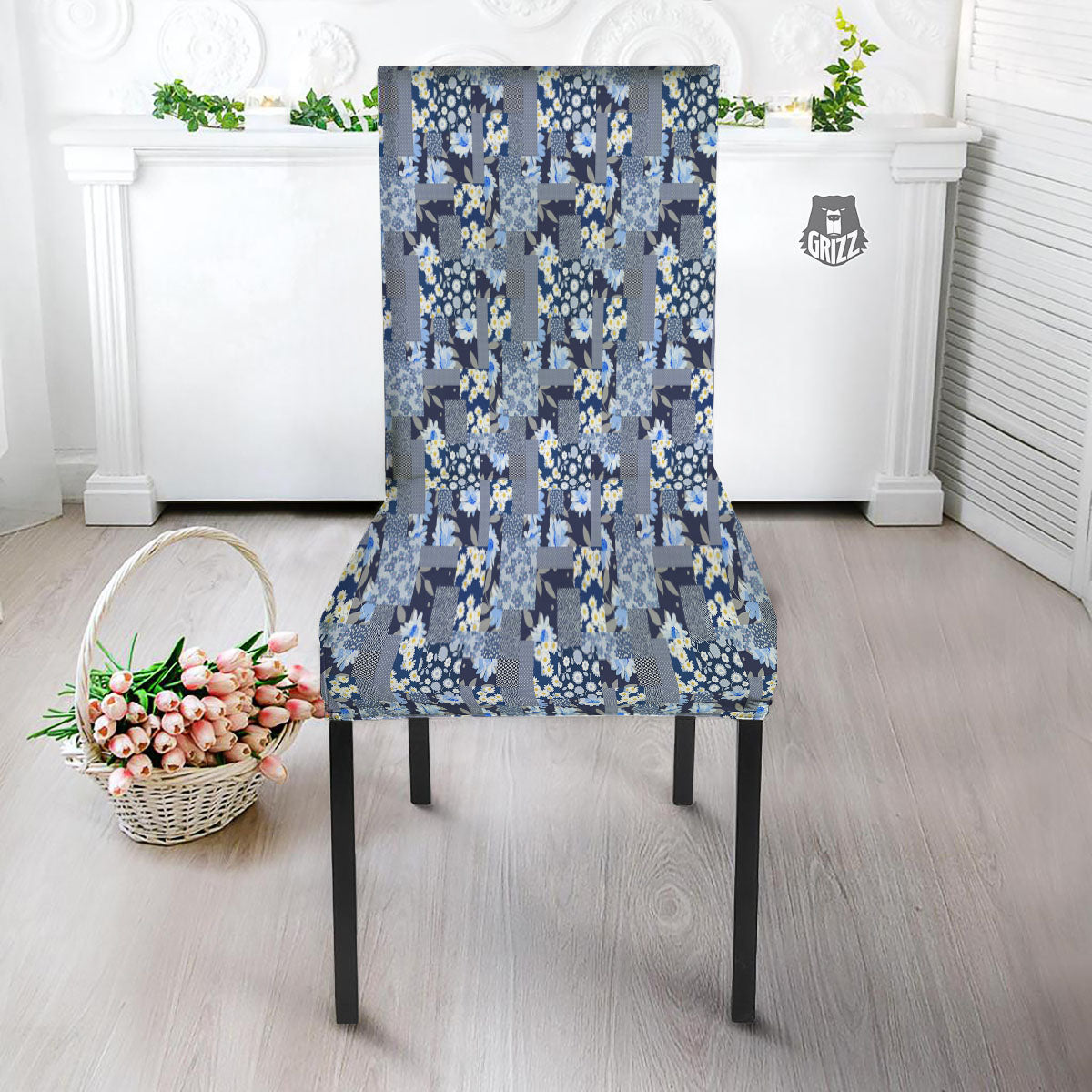 Patchwork Blue Floral Print Pattern Dining Chair Slipcover-grizzshop