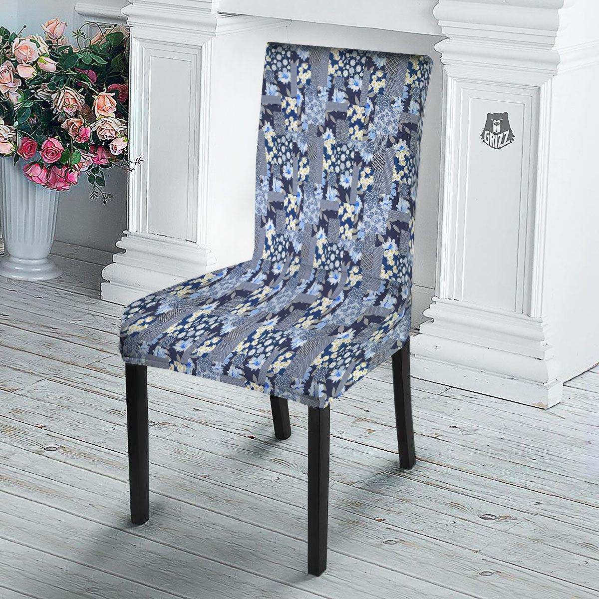 Patchwork Blue Floral Print Pattern Dining Chair Slipcover-grizzshop