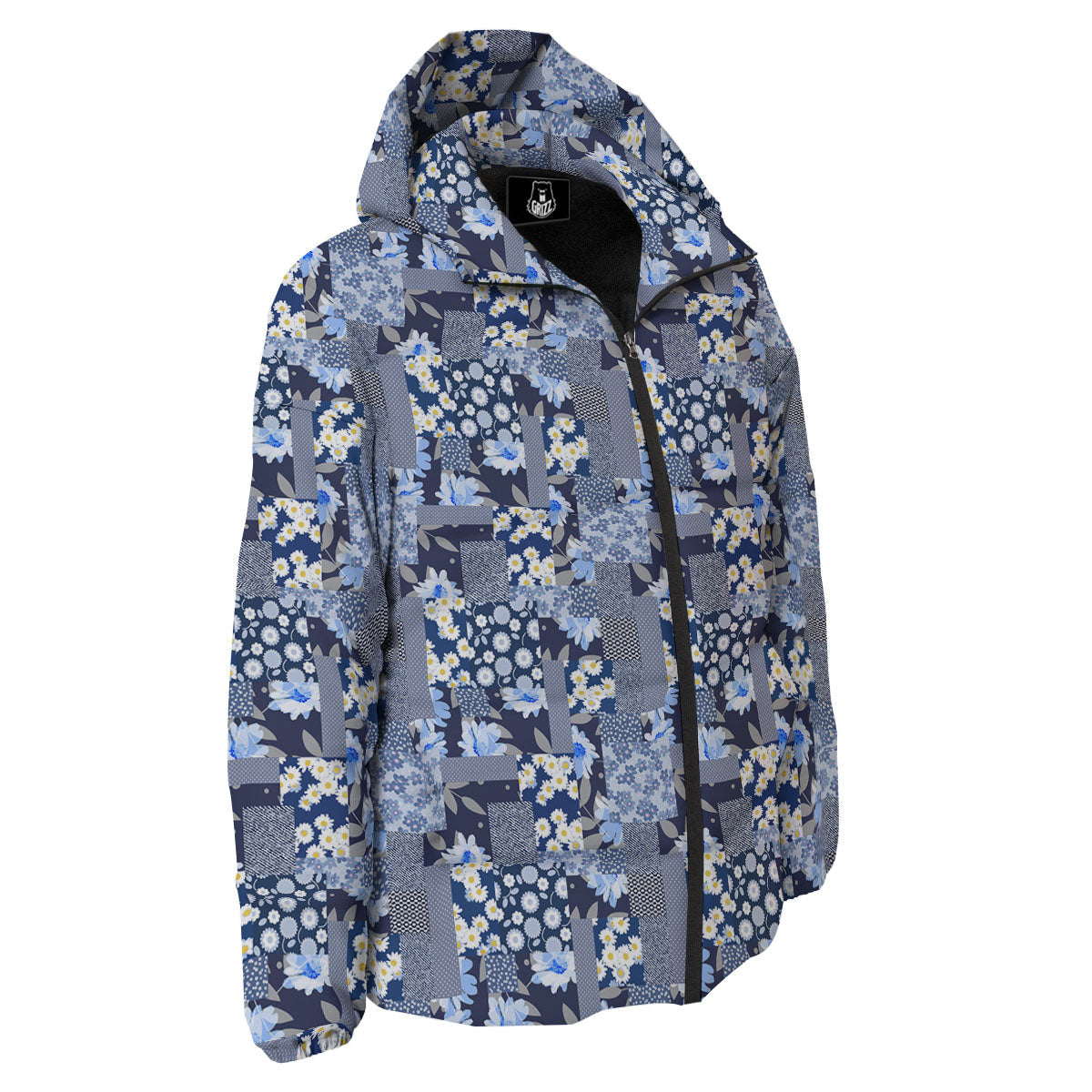 Patchwork Blue Floral Print Pattern Down Jacket-grizzshop