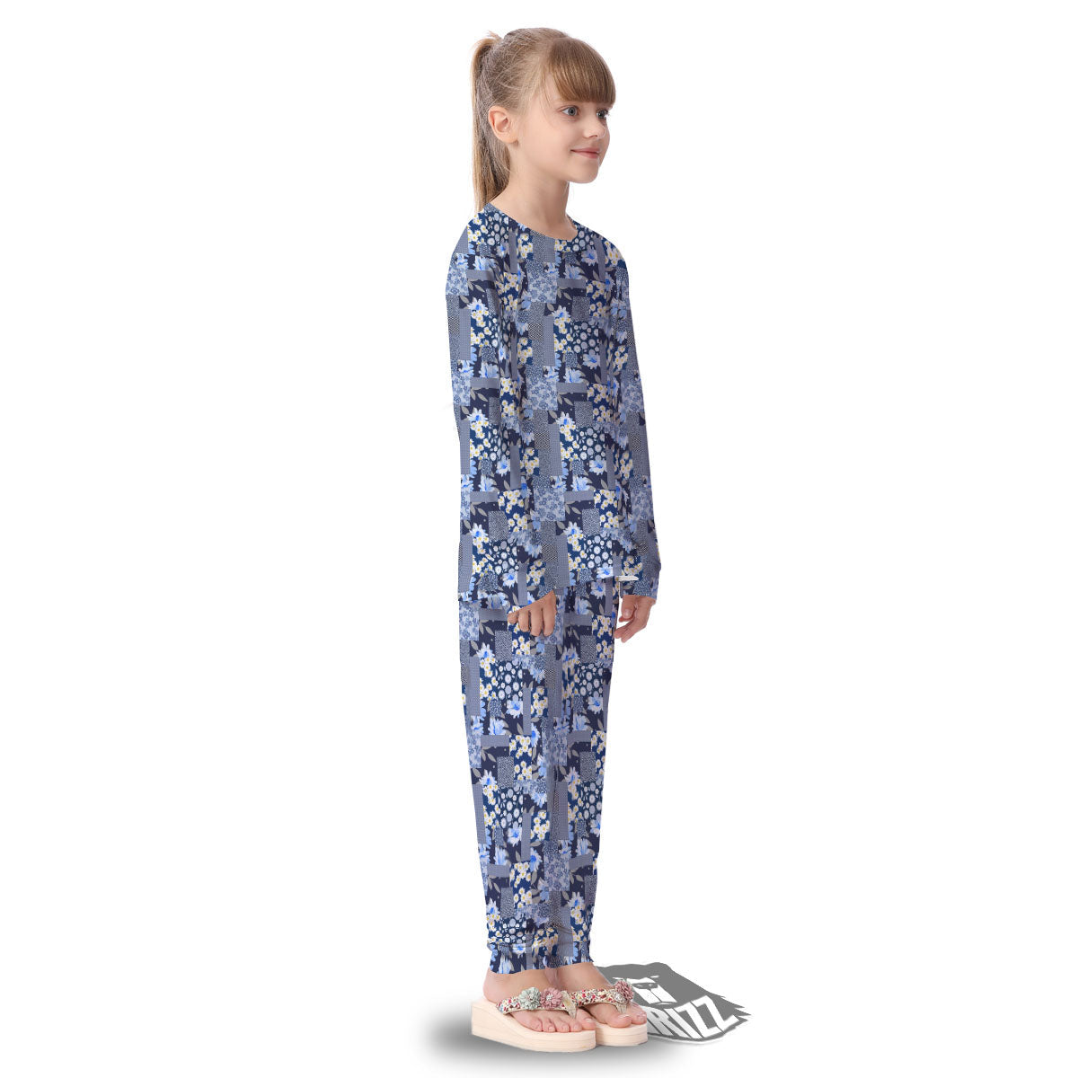 Patchwork Blue Floral Print Pattern Kid's Pajamas-grizzshop
