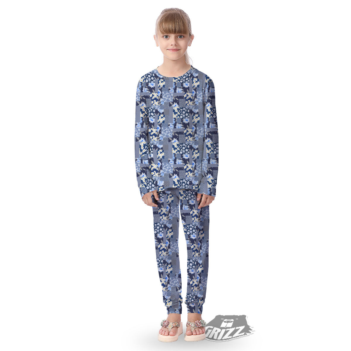 Patchwork Blue Floral Print Pattern Kid's Pajamas-grizzshop