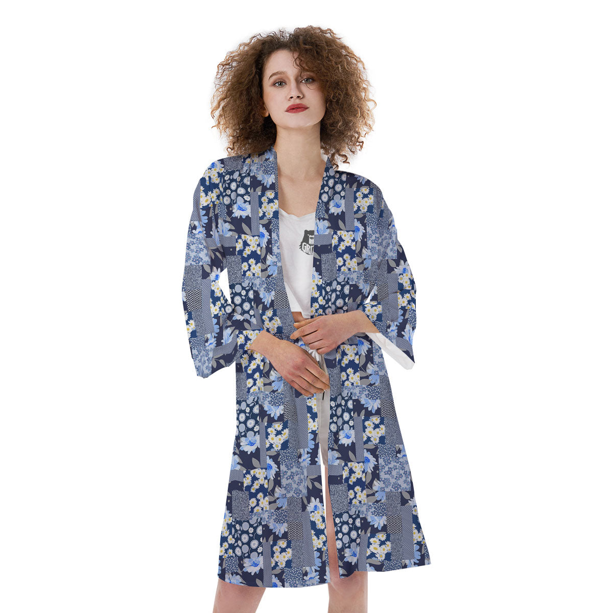 Patchwork Blue Floral Print Pattern Kimono-grizzshop