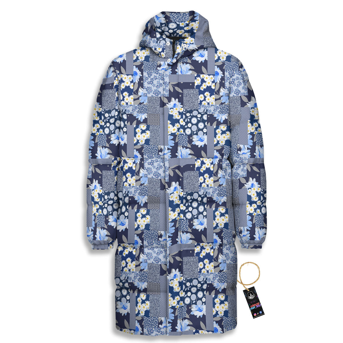 Patchwork Blue Floral Print Pattern Long Down Jacket-grizzshop