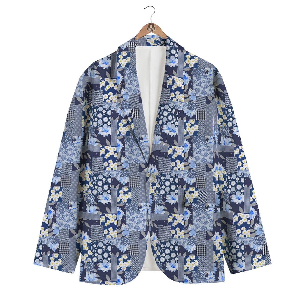 Patchwork Blue Floral Print Pattern Men's Blazer-grizzshop