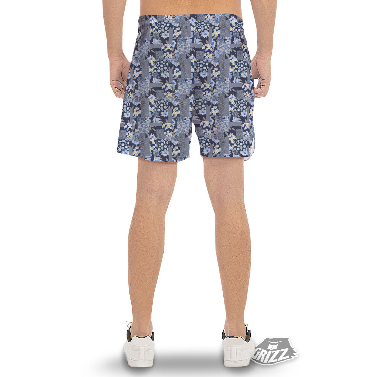Patchwork Blue Floral Print Pattern Men's Gym Shorts-grizzshop