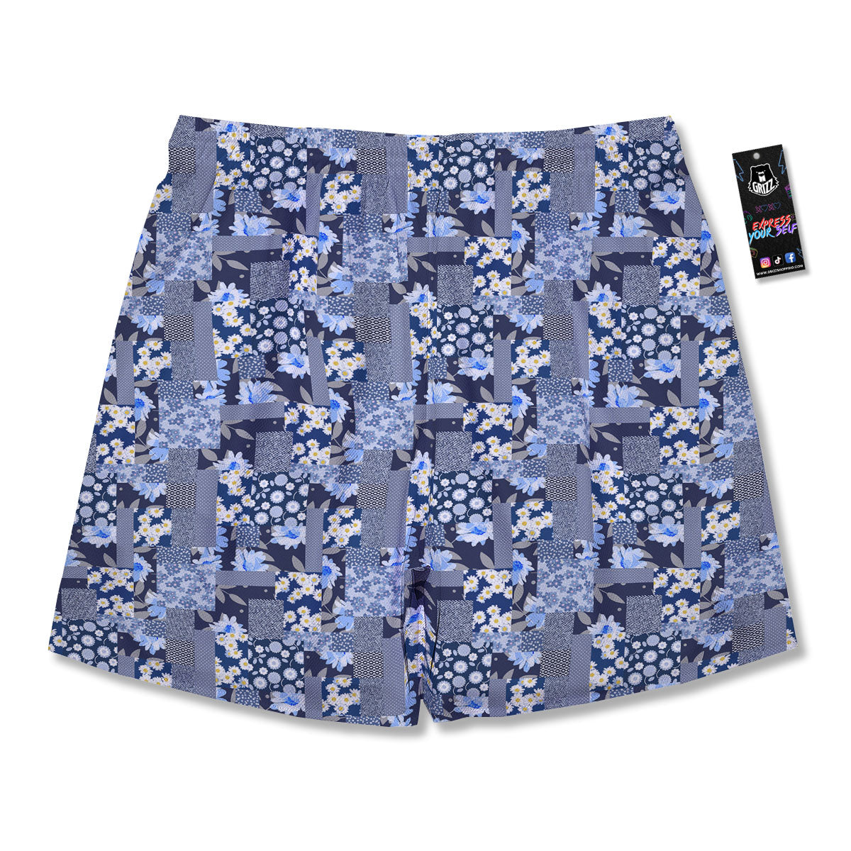 Patchwork Blue Floral Print Pattern Men's Running Shorts-grizzshop