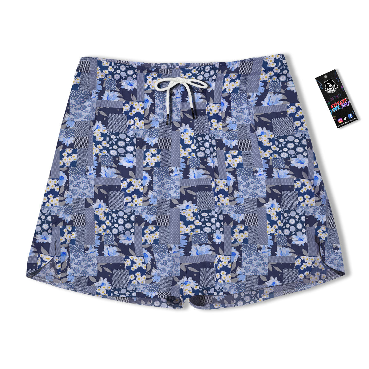 Patchwork Blue Floral Print Pattern Men's Running Shorts-grizzshop