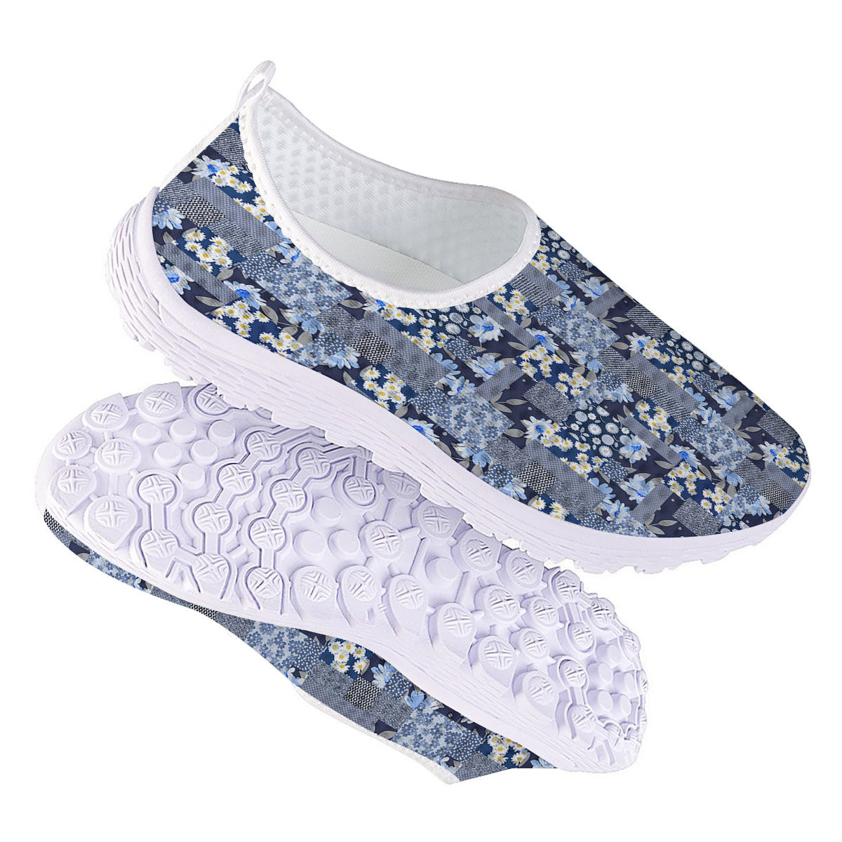 Patchwork Blue Floral Print Pattern Nurse Shoes-grizzshop