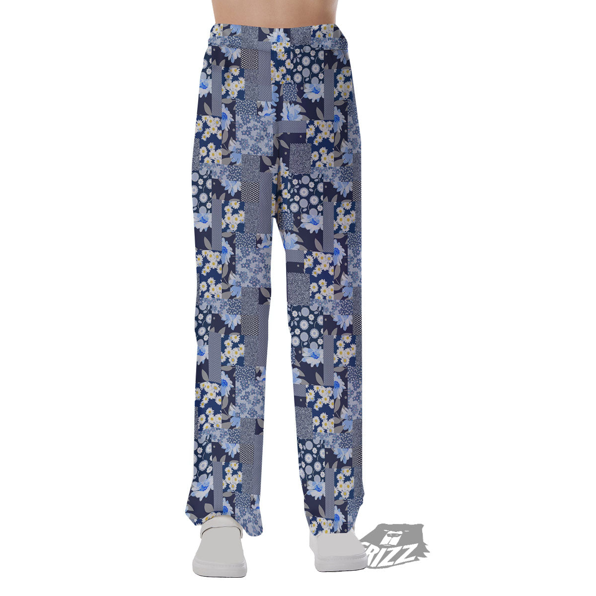 Patchwork Blue Floral Print Pattern Pajama Pants-grizzshop