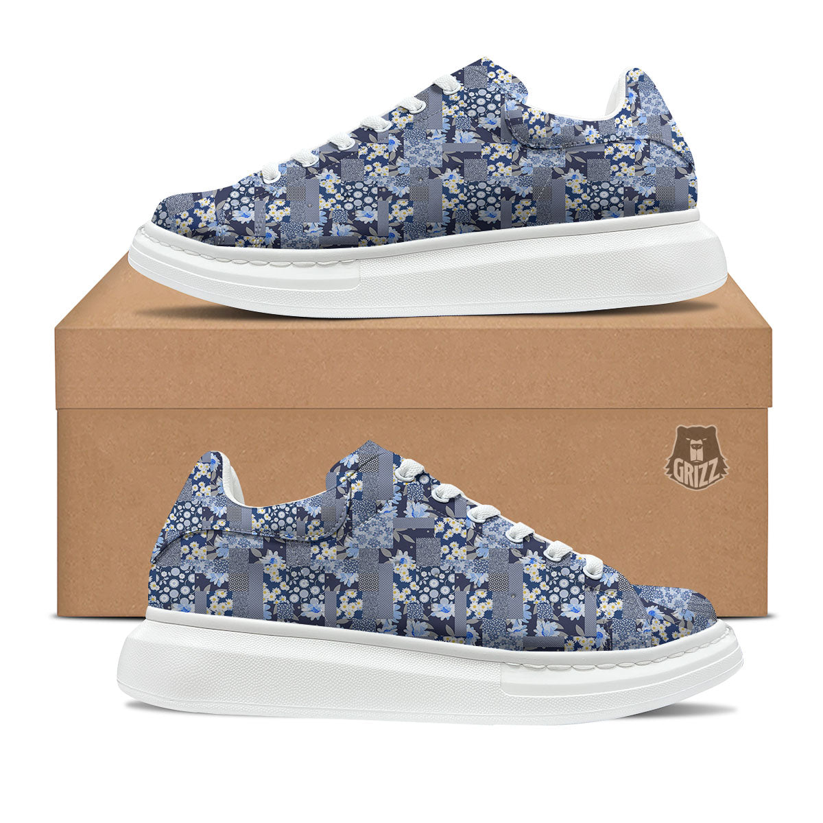 Patchwork Blue Floral Print Pattern Platform Shoes-grizzshop