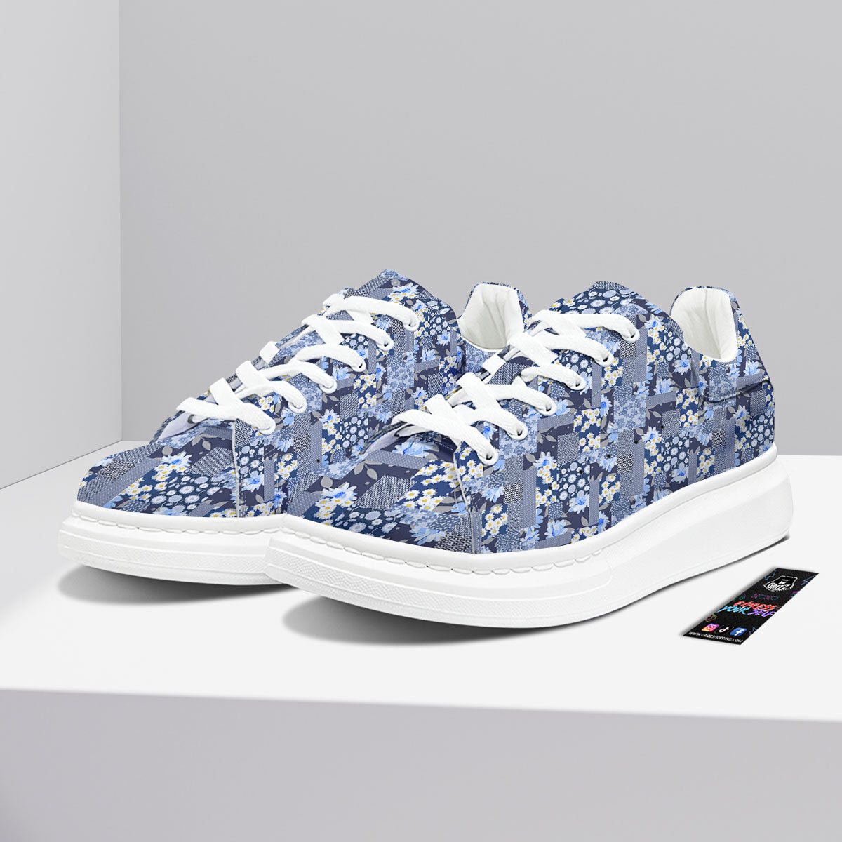 Patchwork Blue Floral Print Pattern Platform Shoes-grizzshop