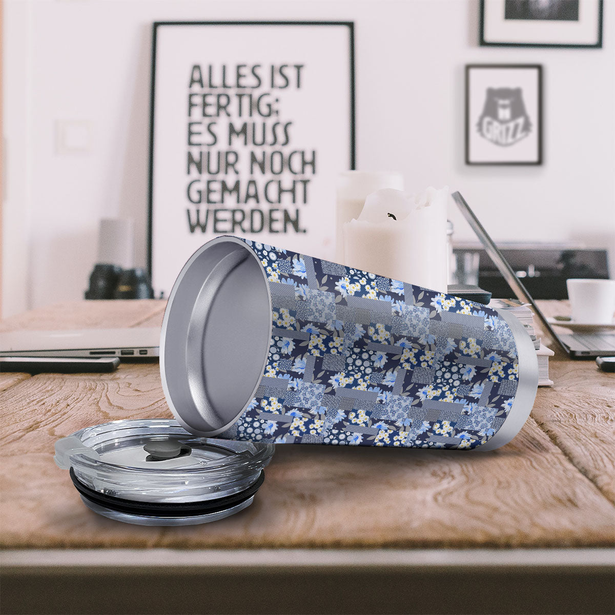 Patchwork Blue Floral Print Pattern Tumbler-grizzshop