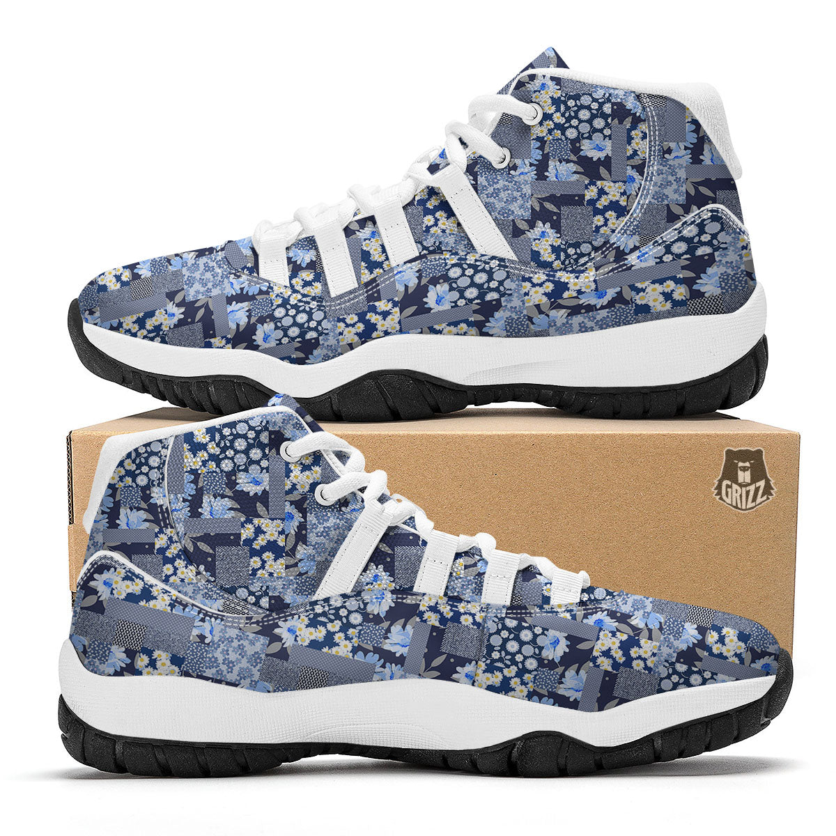 Patchwork Blue Floral Print Pattern White Bball Shoes-grizzshop