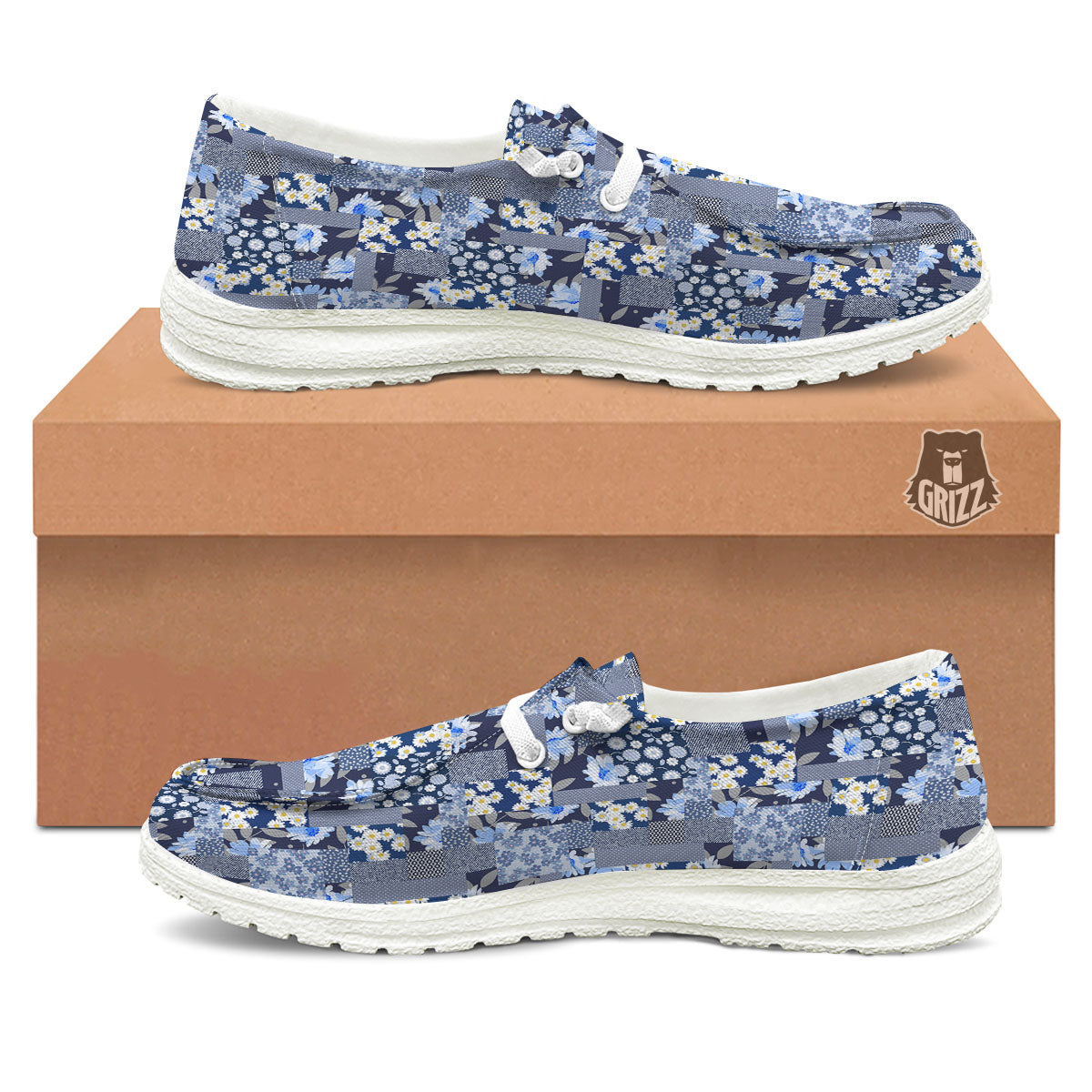 Patchwork Blue Floral Print Pattern White Loafers-grizzshop