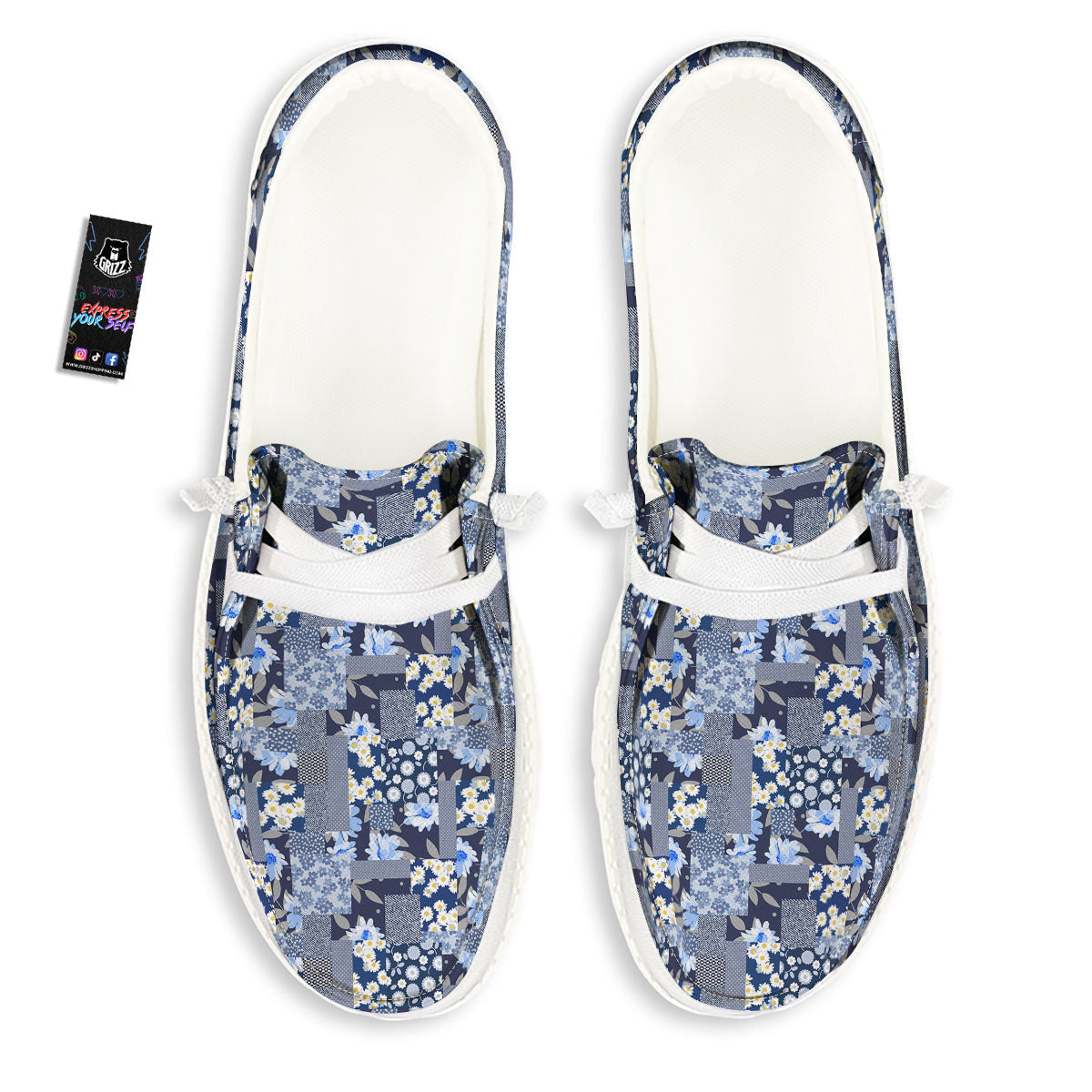 Patchwork Blue Floral Print Pattern White Loafers-grizzshop