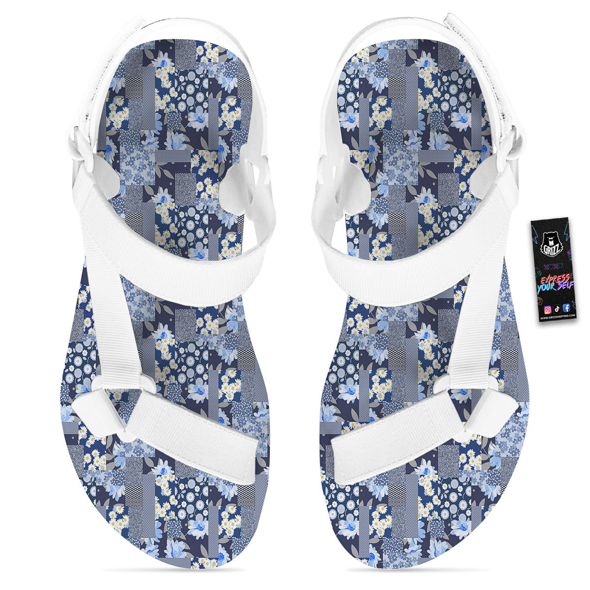 Patchwork Blue Floral Print Pattern White Open Toe Sandals-grizzshop