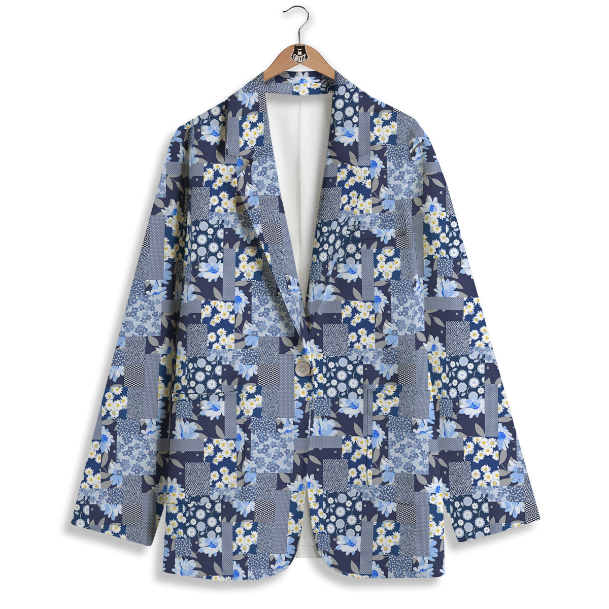 Patchwork Blue Floral Print Pattern Women's Blazer-grizzshop
